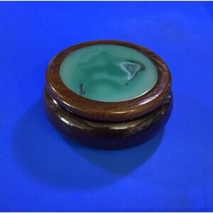 Agate Trinket Box Green Polished Stone Brazilian Wood Round Jewelry Box 4.5" dia